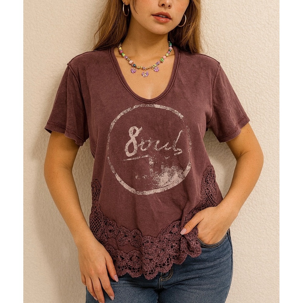 Vintage Free People Boho Washed Graphic Lace Hem Tee – Size L